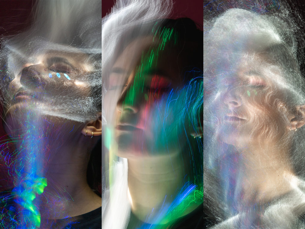3 different colorful portraits of light painting photography.