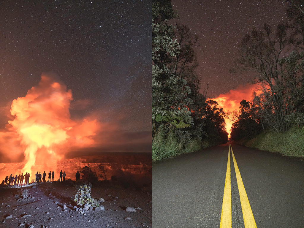 Two versions of light painting photography at Volcanoes National Park in Hawaii.