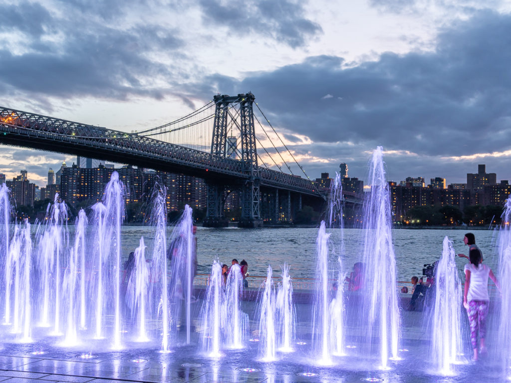 The colorful water fountain at Domino Park is a great Brooklyn photography spot.