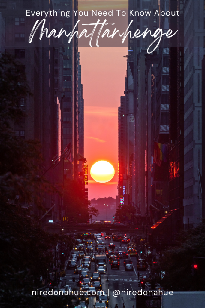 Pinterest pin of the ultimate Manhattanhenge sun photography blog article by Erin Donahue.