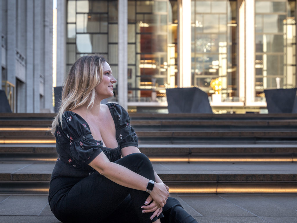 Personal branding photoshoot of opera singer, Elise Marks, in front of Lincoln Center.