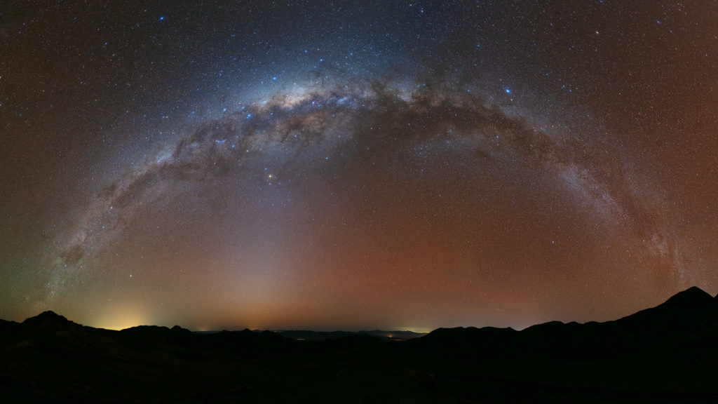 The full arch of the Milky Way can be seen in the clear skies of the Atacama Desert in northern Chile.