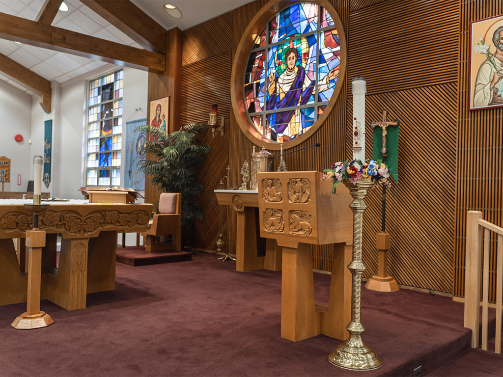 The interior of St. Peter's Apostle Church in Long Island.