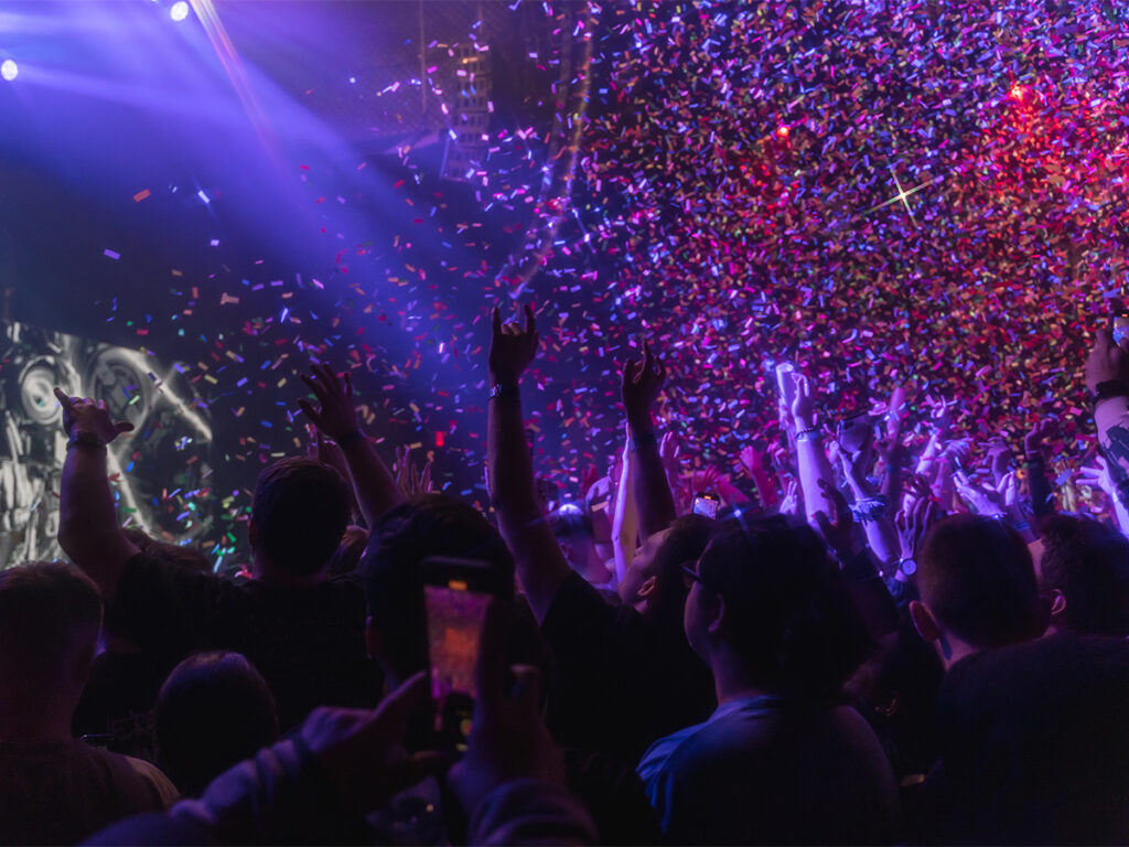 Concert photography of confetti falling from the ceiling at Terminal 5.