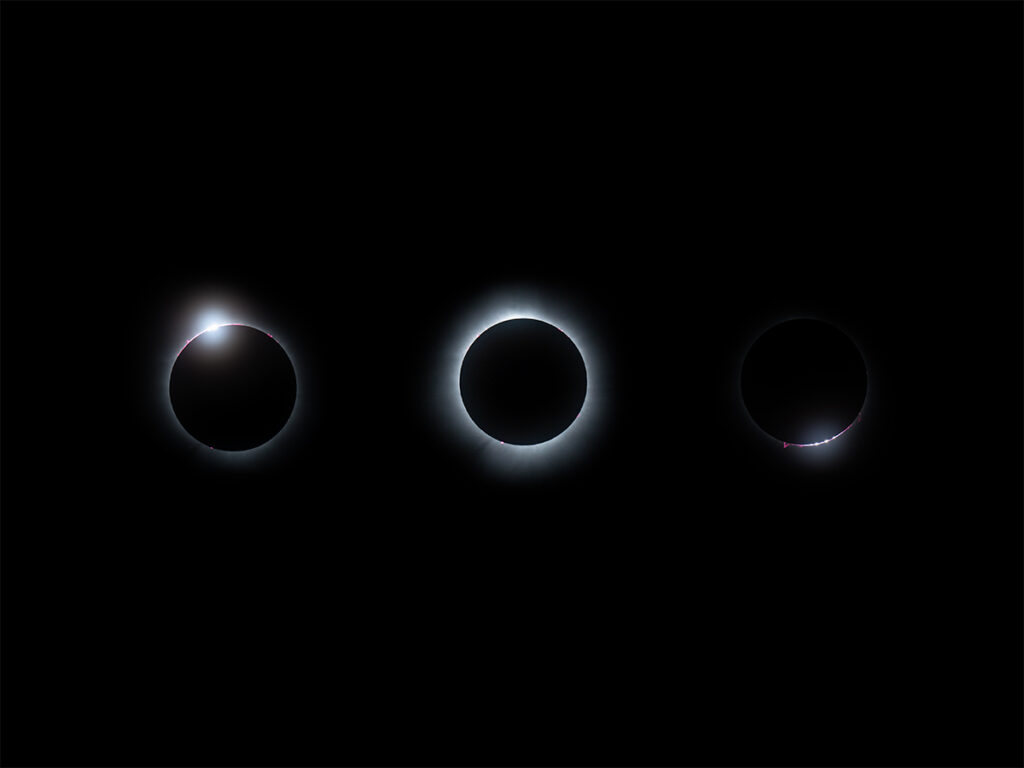Having a shot list to photograph a total solar eclipse is a must. Pictured here from left to right is the diamond ring, corona, and baily's beads.