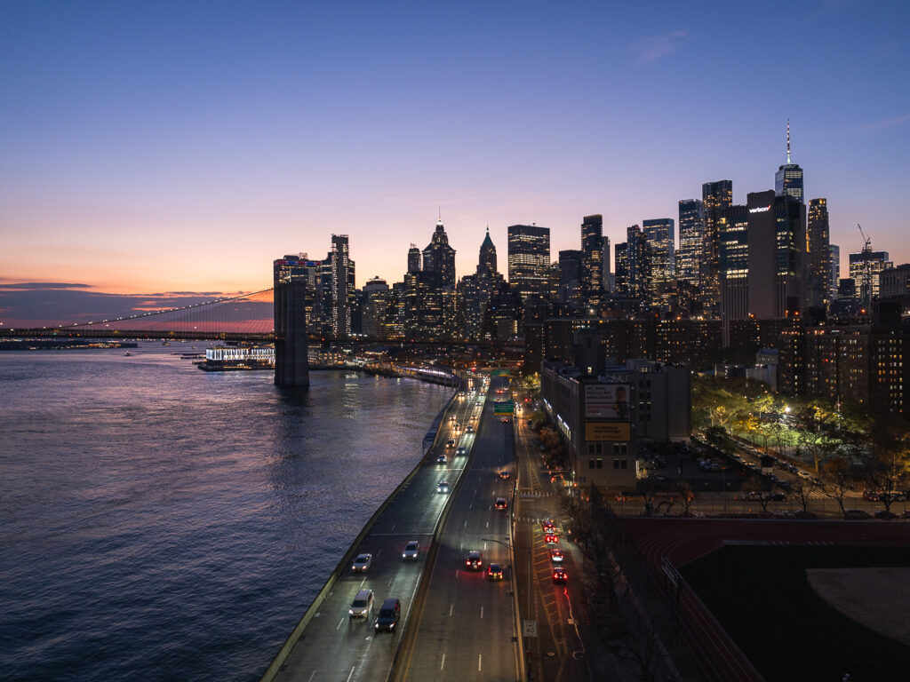 Scenic view of Lower Manhattan as seen from the Manhattan Bridge pedestrian path.