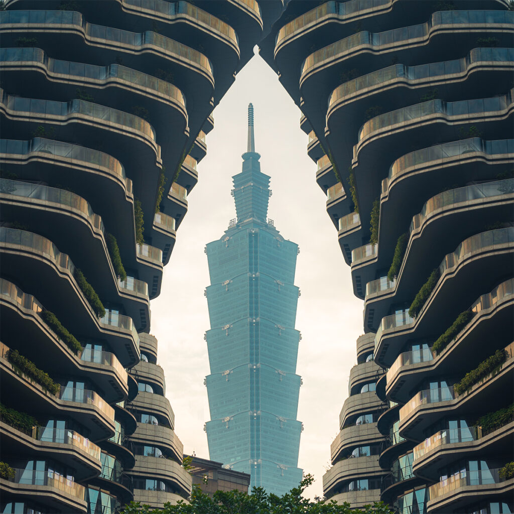 Symmetrical framing of Taipei 101 with the edges of the Tao Zhu Yin Yuan, otherwise known as Agora Garden building.